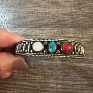 Vintage Turquoise Bracelet Red White Stone Sterling Silver Cuff